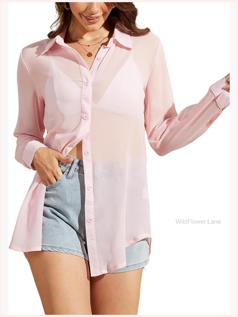 Sheer Button Up Blouse Long Sleeve See Through Mesh Shirt